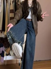 Spot raw edge A version wide-leg jeans for women with pear-shaped body slimming plus size fat mm tassel large leg straight pants