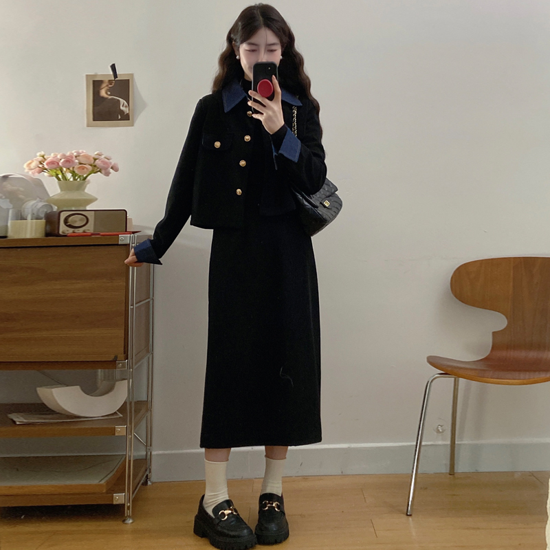 Spot large size fat mm autumn and winter new design contrasting denim plus velvet jacket and skirt two-piece suit