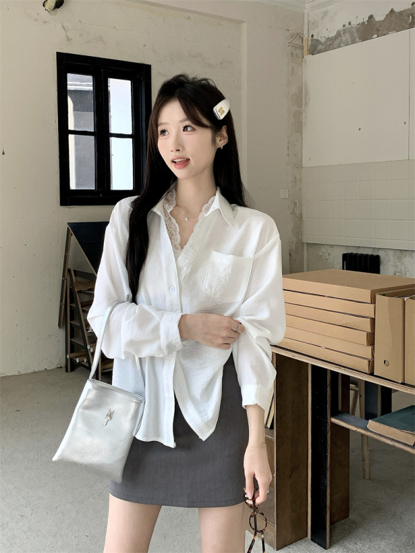 French design lapel loose splicing lace fake two-piece long-sleeved shirt