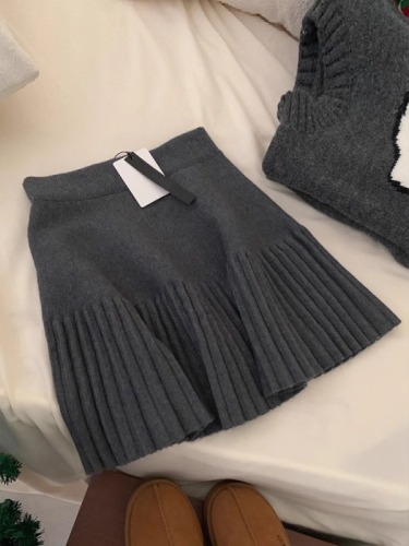 New high-end elastic waist versatile a-line pleated skirt for women spring and autumn high-waist slim knitted a-line skirt
