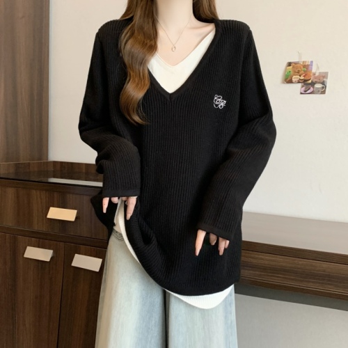 Plus size fat mm autumn and winter new Korean fake two-piece loose lazy style niche pullover sweater for women