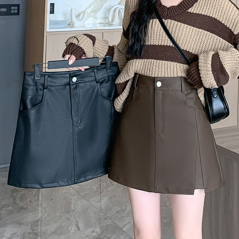 Ready stock plus size women's clothing for fat mm autumn and winter new style versatile slimming high waist PU leather skirt skirt women's short skirt