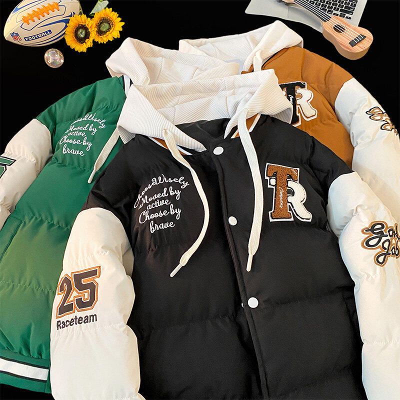 Autumn and winter new cotton-padded jacket men's cotton-padded jacket fake two-piece hooded thickened baseball uniform cotton-padded jacket