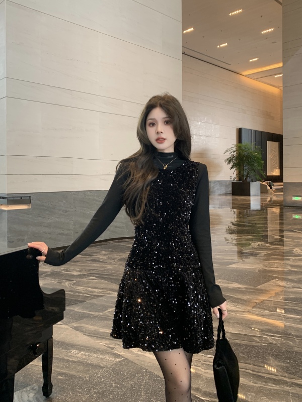 Ready stock ~ Large size star dream tassel sequin sparkling small fragrance style slimming vest dress suit
