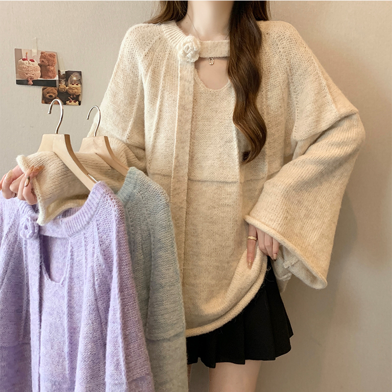 French style purple hollow streamer round neck knitted sweater for women in autumn and winter new design loose age-reducing top