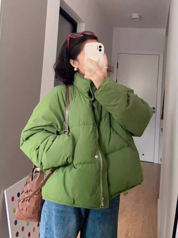 Green short stand-collar down jacket for women winter large size fat mm Korean fashion thickened warm bread jacket
