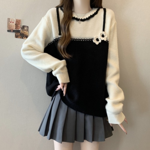 Large size design color block sweater autumn and winter new fake two piece sweater foreign style three-dimensional flower top