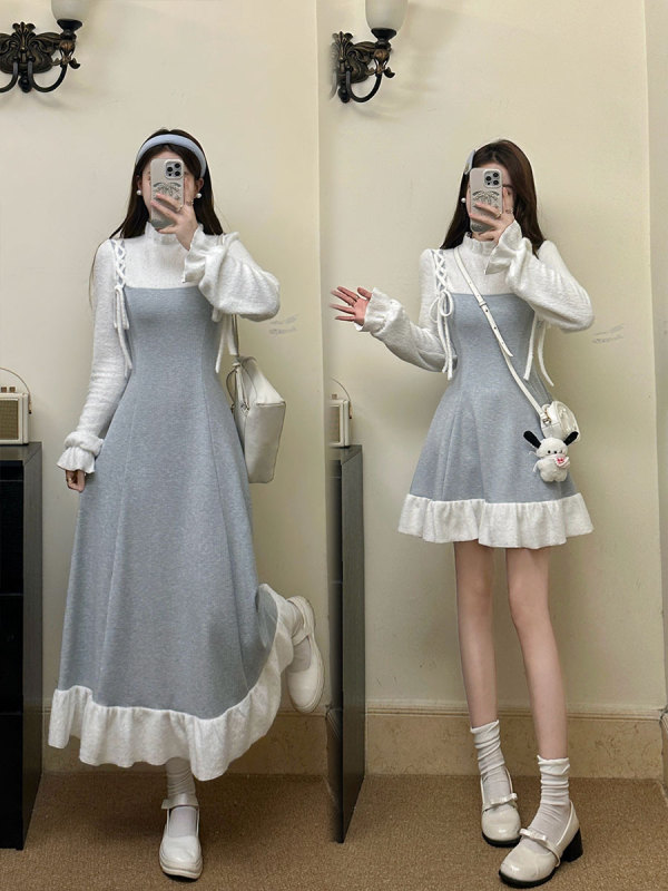 Plus size women's knitted fungus fake two-piece temperament dress autumn and winter slimming waist long-sleeved bestie