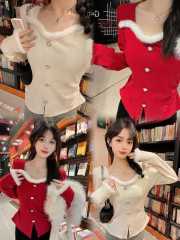 Large size velvet thickened square collar Christmas atmosphere bottoming irregular slimming top