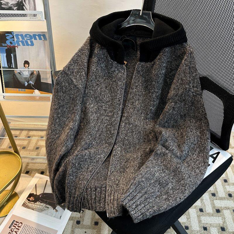 Mohair hooded sweater cardigan men's autumn and winter high-end wear cleanfit knitted jacket