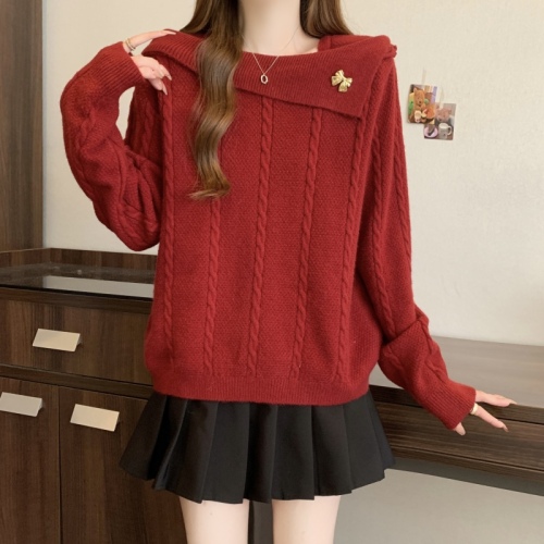 Large size temperament French red sweater for fat mm women autumn and winter new slim square neck knitted top