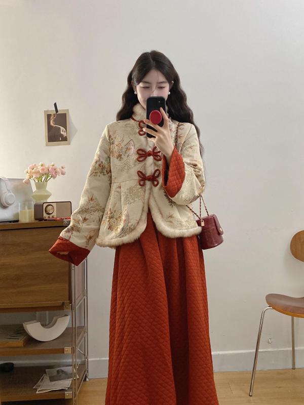 Large size new Chinese style thickened cotton jacket and skirt for women 2024 autumn and winter new year style two-piece set