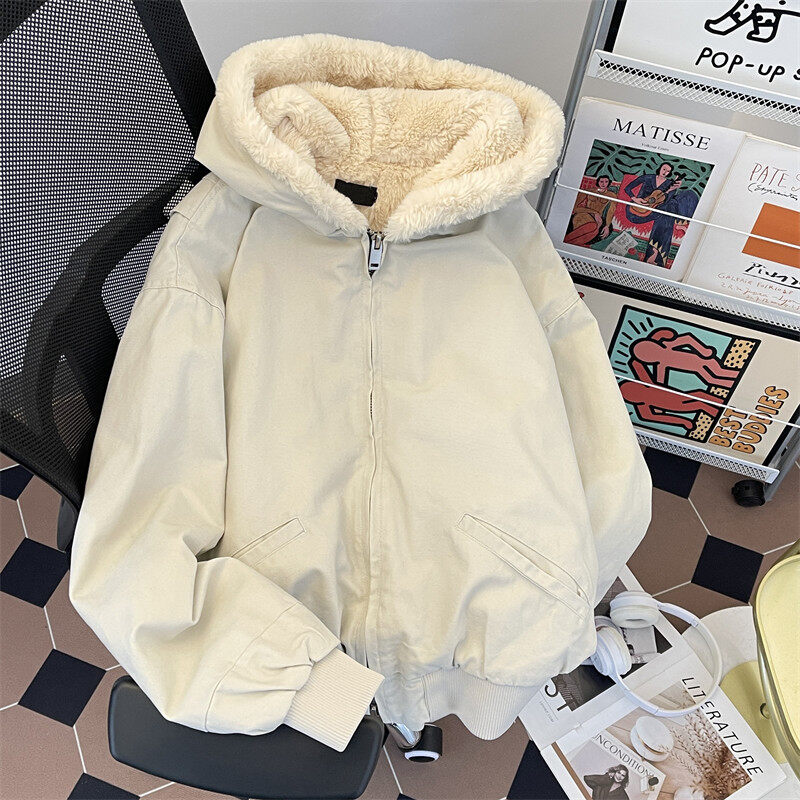 Winter American retro velvet thickened hooded pure cotton canvas coat