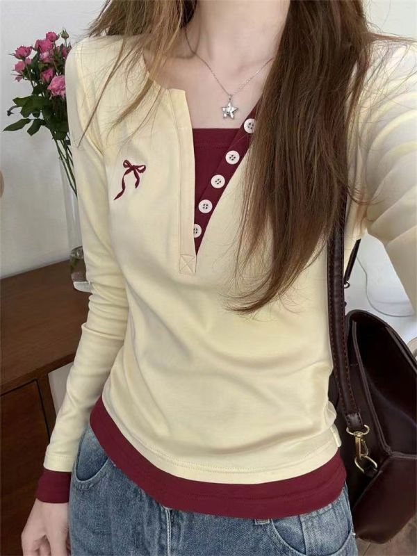 Niche right shoulder V-neck fake two-piece long-sleeved top for women in autumn and winter new style slimming