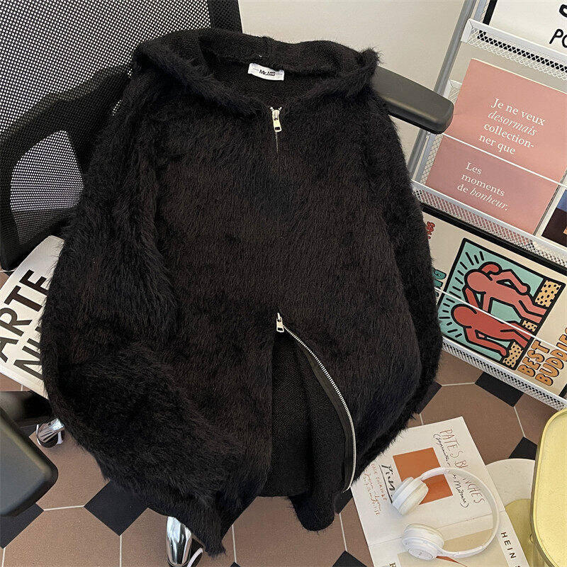 Double zipper hooded mink brushed sweater coat cardigan for men and women autumn and winter trendy casual tops