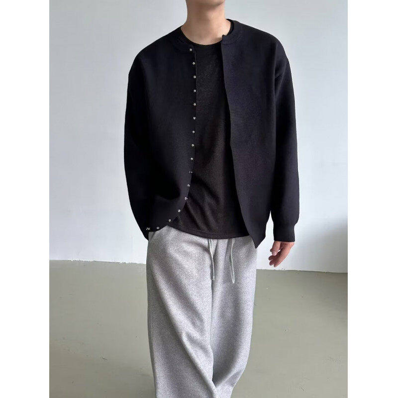 High-end Henry collar sweater men's loose dark gray cardigan sweater simple warm jacket