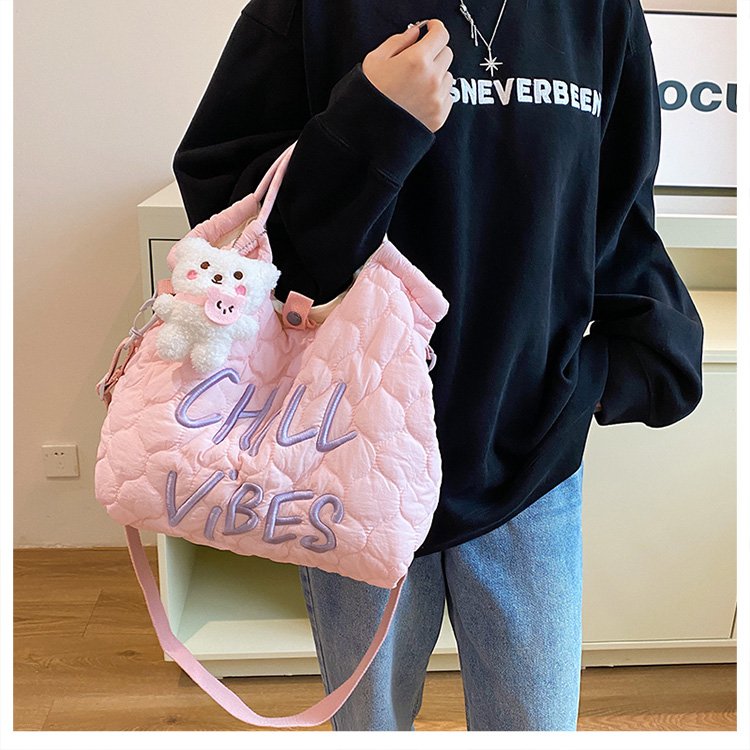 Large-capacity student commuter bag women's 2024 new portable tote bag letter embroidered shoulder bag lightweight crossbody bag