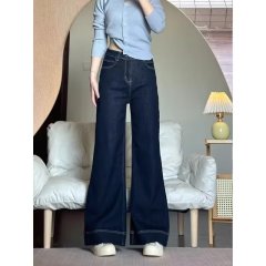Denim buttons wear-resistant dark thickened winter Chinese large size autumn and winter high waist stretch denim micro-flared trousers