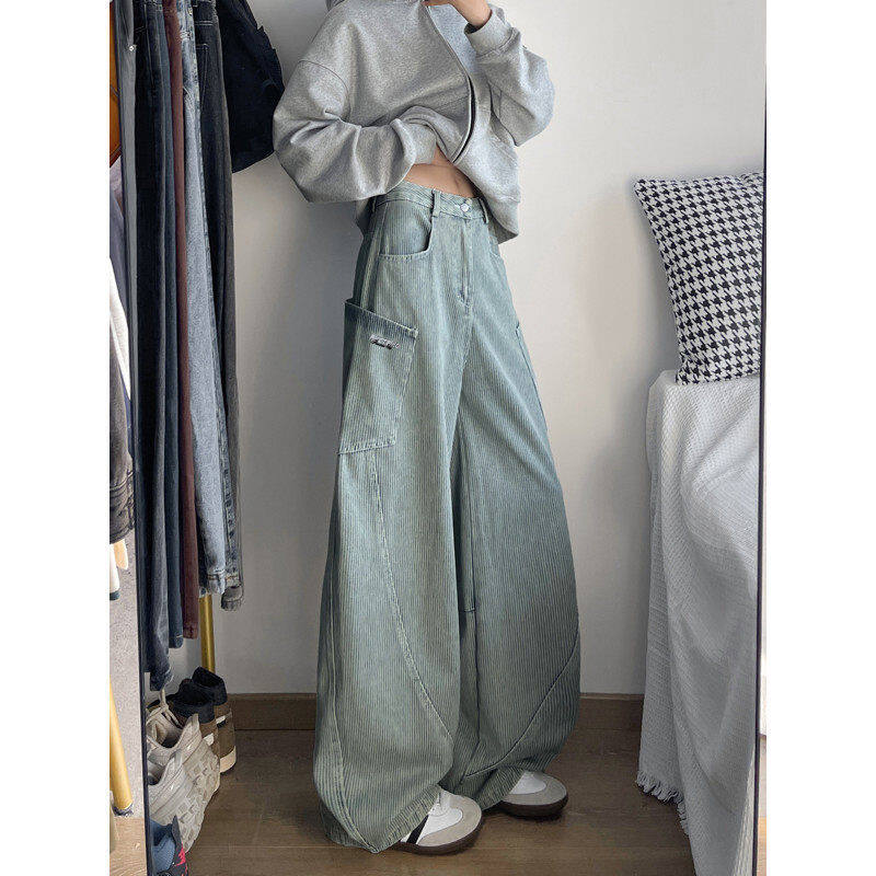 Retro striped design scimitar silhouette workwear large pocket letter embroidery men's and women's trousers
