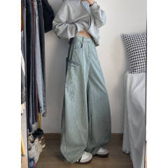 Retro striped design scimitar silhouette workwear large pocket letter embroidery men's and women's trousers