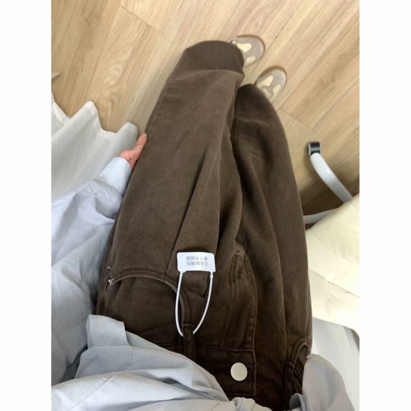 American high-street coffee-colored wide-leg jeans for women in autumn and winter new style high-waisted slimming drapey loose floor-length pants