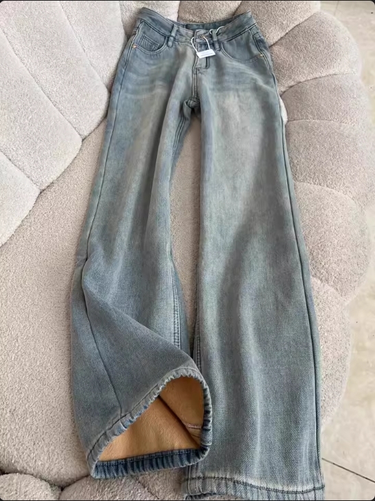 Velvet thickened wide-leg jeans for women in winter loose straight autumn and winter small people 2024 new cotton pants for women