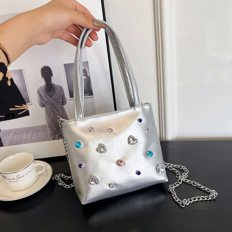 Bags for Women 2024 New Korean Fashion PU Silver Rhinestone Bag Versatile Shoulder Crossbody Chain Small Bag
