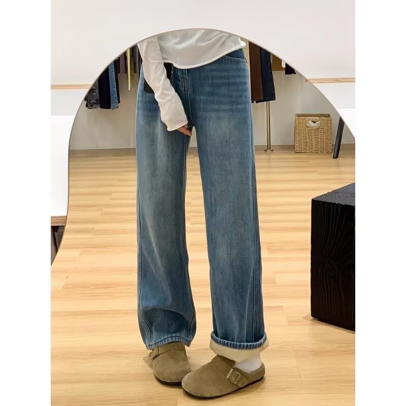 High-waisted wide-leg jeans for women in autumn and winter plus velvet 2024 new hot style narrow version slimming and drapey straight floor-length mopping pants