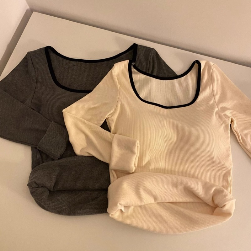 1X1 German velvet~~Long-sleeved square-neck T-shirt for women in autumn and winter slim-fitting inner layering shirt plus velvet thickened warm top