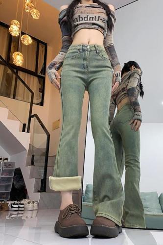 Fat mm plus velvet micro-flare jeans for women 2024 autumn and winter high-waisted slimming stretch large size floor mopping pants