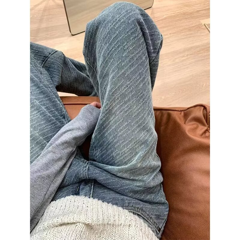 Retro blue textured wide-leg jeans for women in autumn, high-waisted, fat mm, large size, slimming, pear-shaped body, loose straight pants