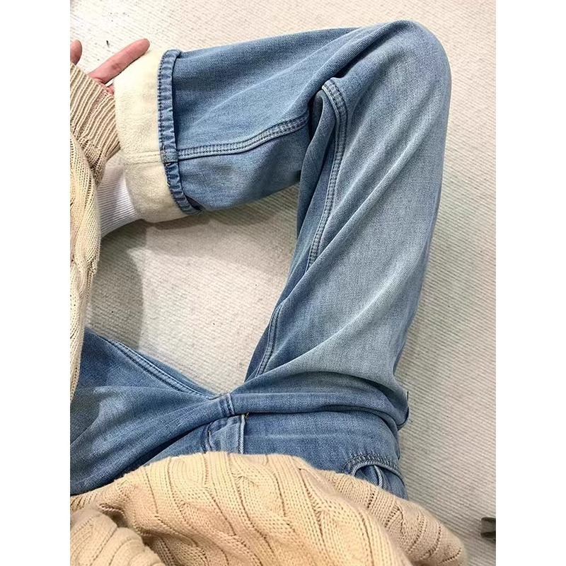 Ready stock plus velvet thickened straight jeans for women this year's popular winter large size high waist warm wide leg pants