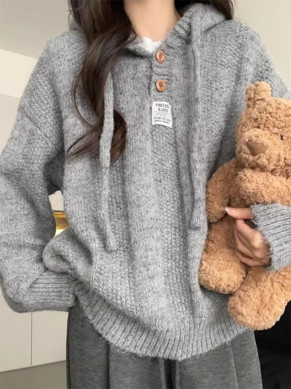 Lazy high-end gray hooded sweater for women 2024 autumn and winter new sweatshirt sweater temperament loose top
