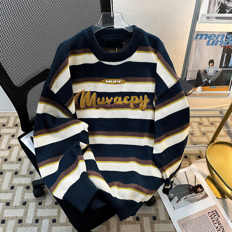 American retro lazy style striped pullover sweater for men and women autumn and winter round neck couple's knitted sweater