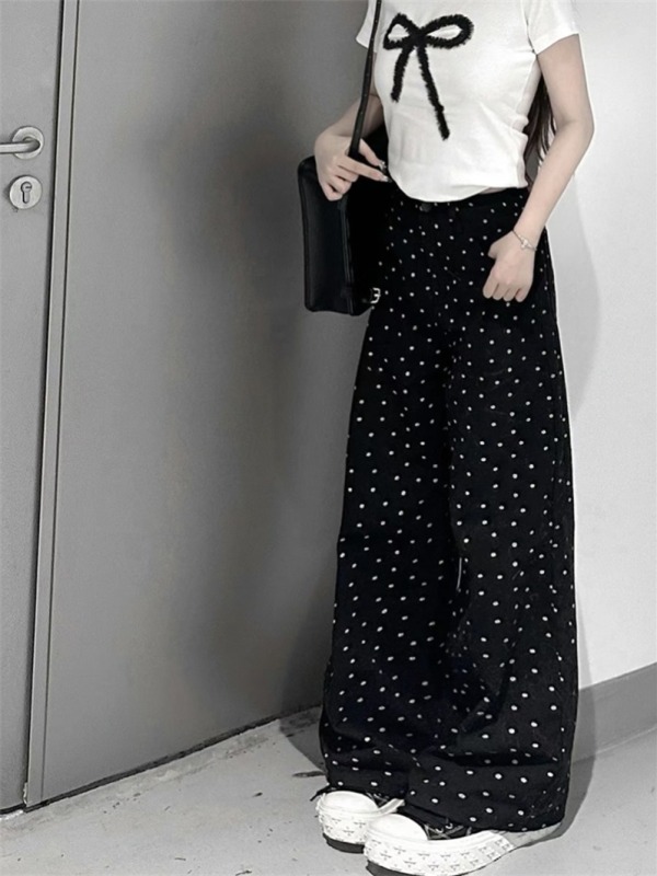 Large size high waisted loose denim wide leg pants popular small floral polka dot floor mopping trousers