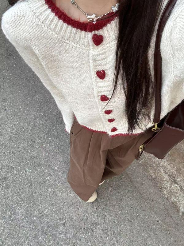 Apricot love button wool knitted cardigan for women in autumn and winter new style small Korean style lazy style contrasting edge loose top