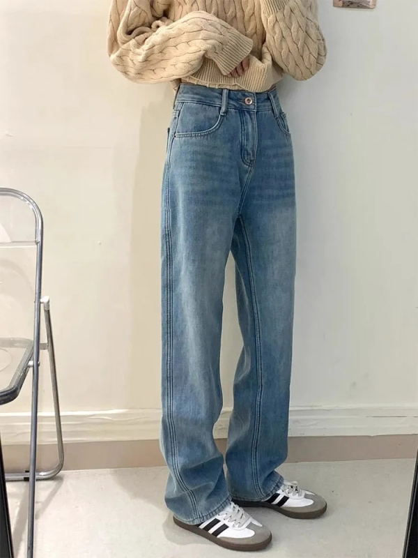 Retro washed plus velvet thickened straight jeans for women in autumn and winter new large size high waist loose slimming wide leg pants