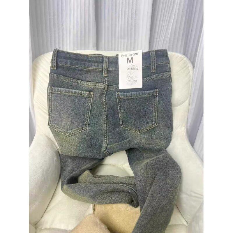 American retro velvet thickened micro-flared jeans for women winter new high-waisted hip-covering pear-shaped figure flared pants
