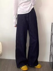 American dark blue wide-leg jeans for women, autumn and winter, pear-shaped, loose, retro, slimming, velvet straight trousers