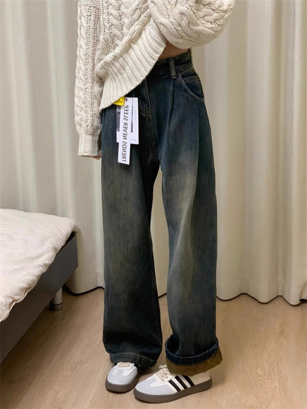 Large size autumn and winter cement gray plus velvet loose straight jeans for women retro washed distressed high waist slim wide leg pants