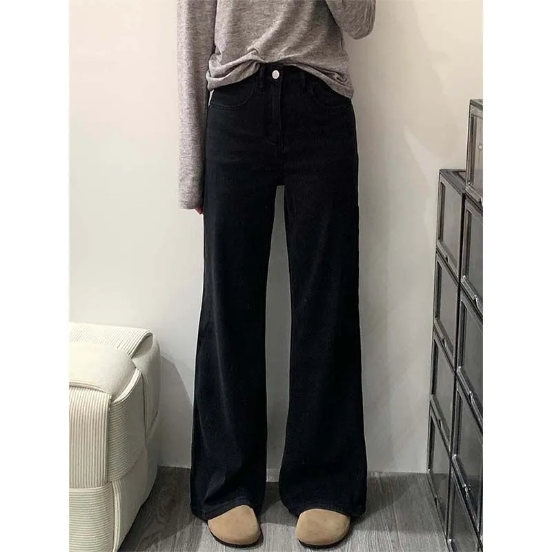 Extended version of American retro wide-leg jeans for women, autumn new style, high-waisted, loose, versatile, drapey floor-length mopping pants, trendy