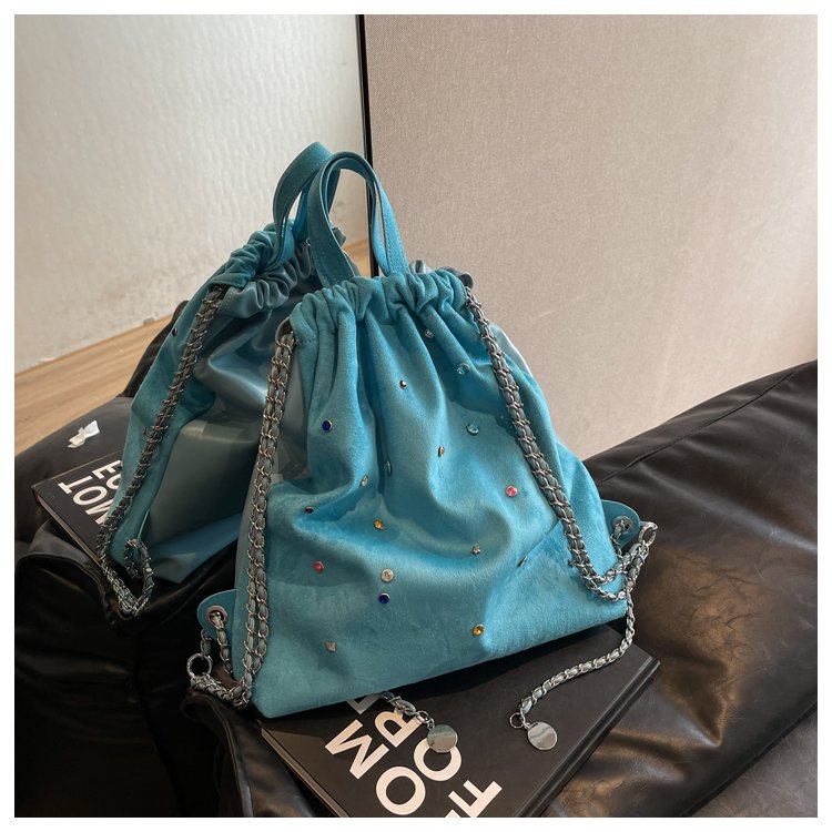 Youjia's same style bag for women, new sand velvet stitching with colored gemstones, chain backpack, drawstring handbag