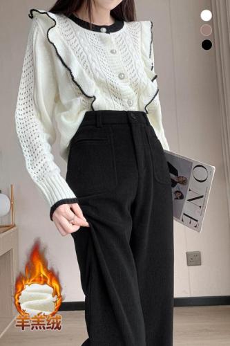 Spot 2024 new narrow version chenille straight suit wide-leg pants autumn and winter plus velvet European cotton trousers