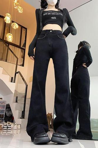 Large size high-waisted studded bootcut jeans for women with autumn pear-shaped body, fat mm slimming straight wide-leg trousers