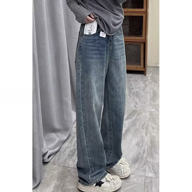 Large size plus velvet S-5XL blue and gray straight jeans for spring and autumn, fat mm looks slim and small, elastic nine-point hemming