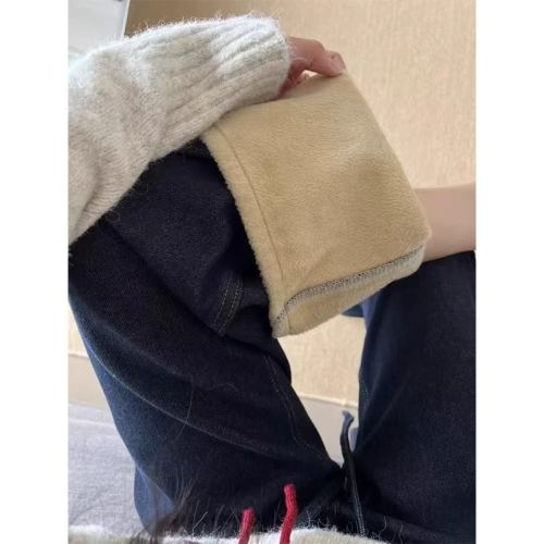 Large size velvet thickened jeans for women 2024 winter fat mm loose high waist slim straight wide leg floor mopping pants