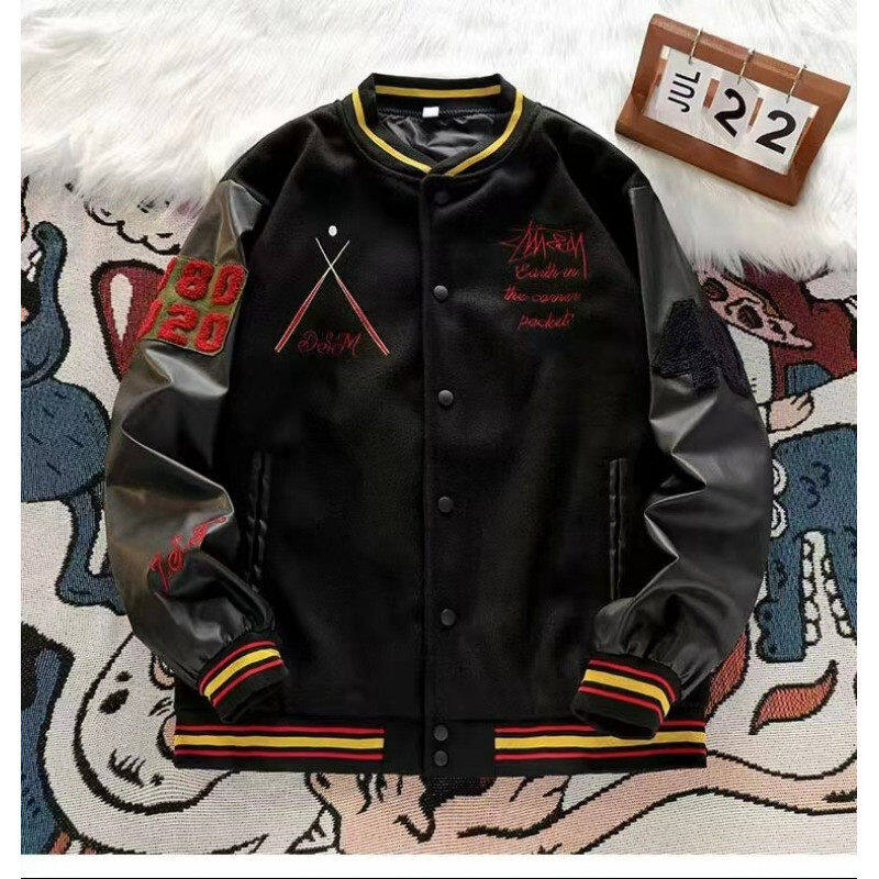 Letter embroidered baseball uniform jacket trendy brand men's autumn and winter retro leather sleeve splicing short jacket cotton coat cotton coat