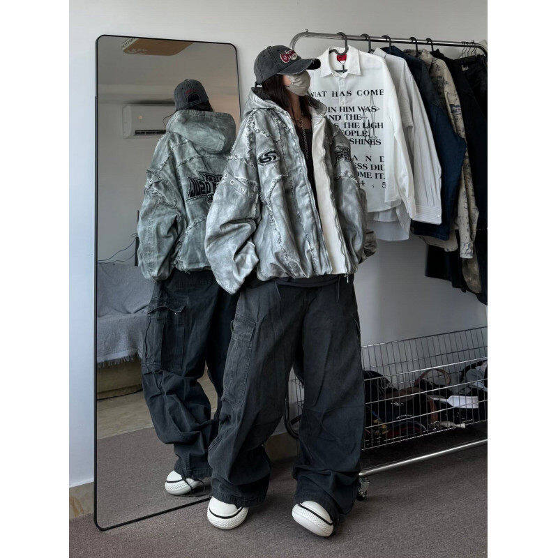 Popular lazy Harajuku trendy literary designer brand American distressed short hooded top