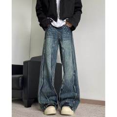 Teenagers American high street straight-leg lightning pattern jeans fashionable washed spring and autumn slightly elastic trendy trousers