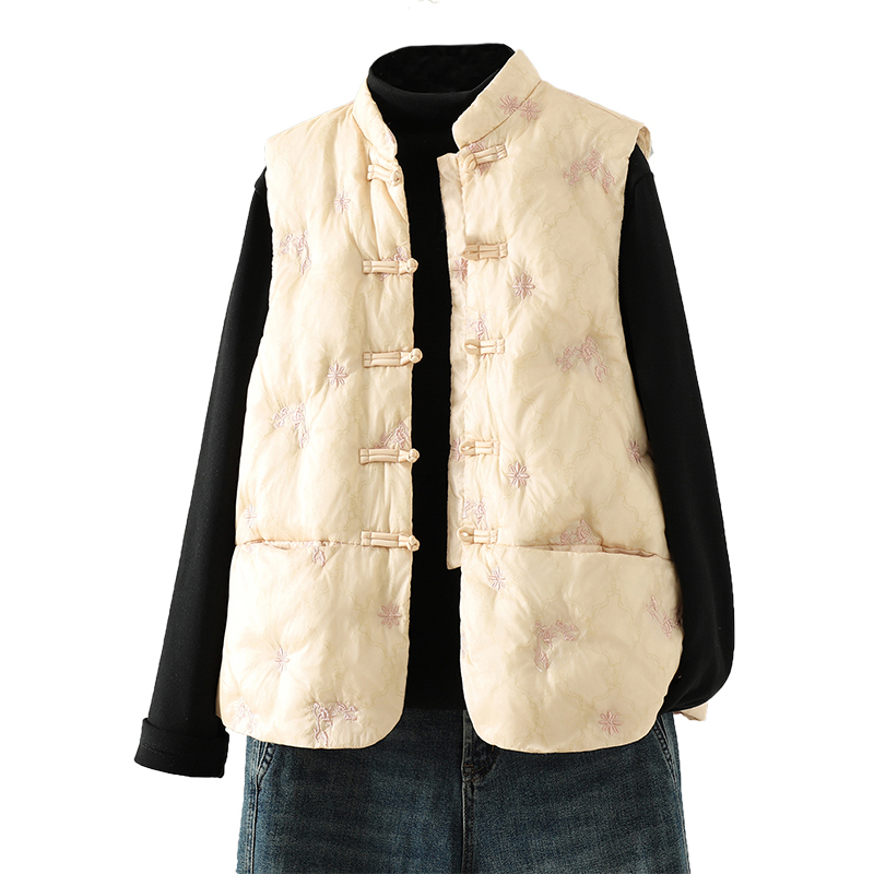 Literary New Chinese Style White Down Vest Warm Vest Winter Retro Stand Collar Plate Button Embroidered Down Jacket Women